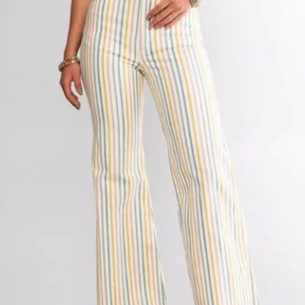 Wrangler wanderer 622 high rise flare waisted striped rainbow jean white